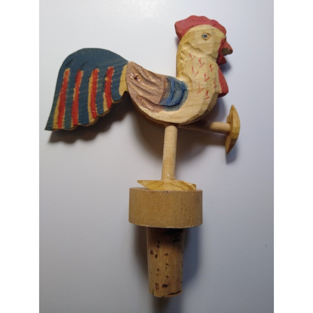 ANRI Vintage Wood Rooster Hen Bottle Stopper Hand-Carved Hand Painted Folk Art